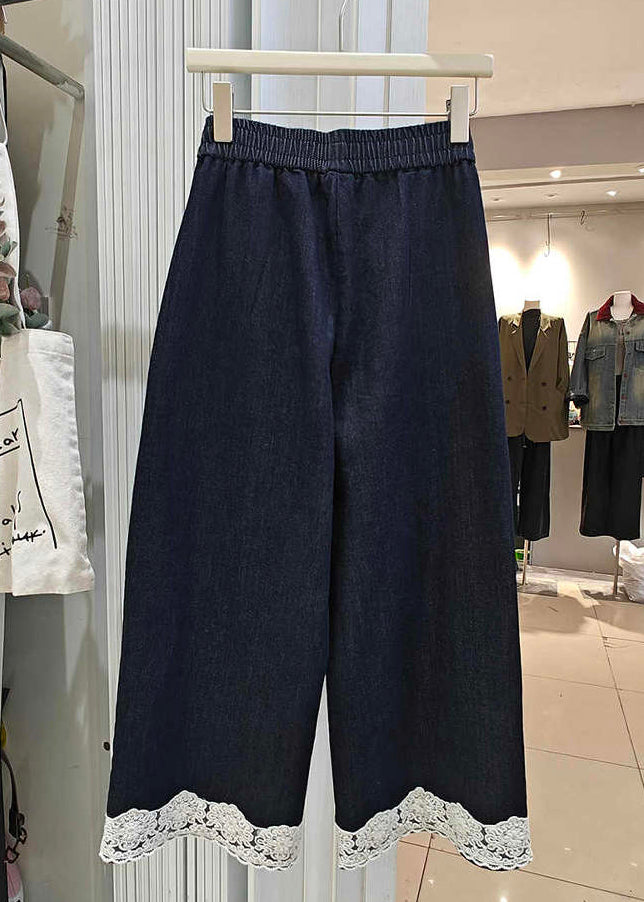Patchwork Lace Loose Crop Summer Denim Navy Pockets Pants