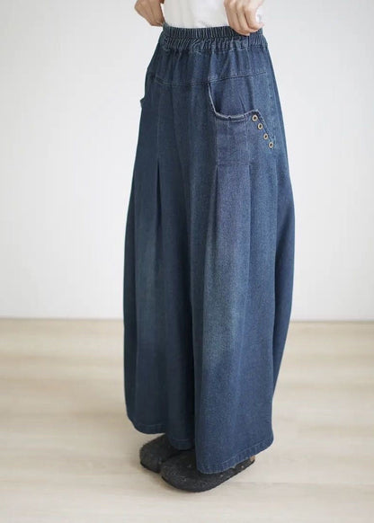 Loose Navy Pockets Wrinkled Denim Wide Leg Pants Summer BV084