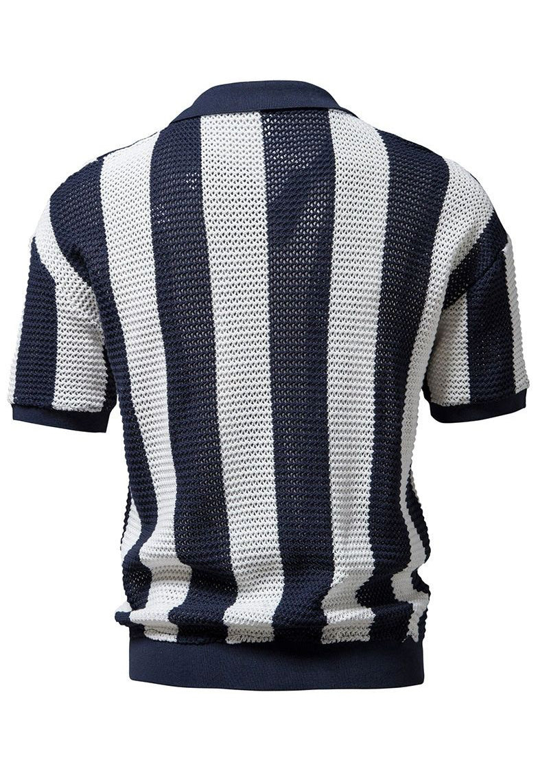 Striped Shirt Polo Knit And Loose Men Hollow Navy Out