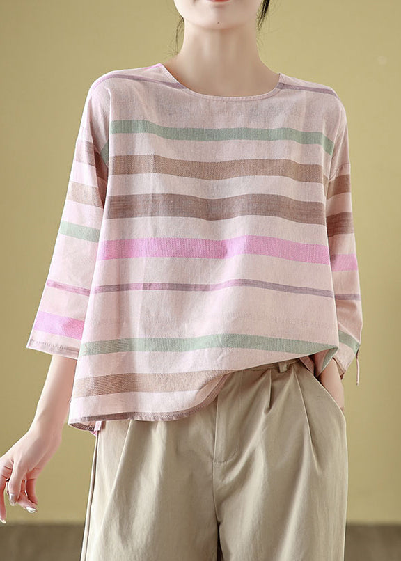 Linen Loose T Striped Cozy Neck Shirt Sleeve Bracelet O
