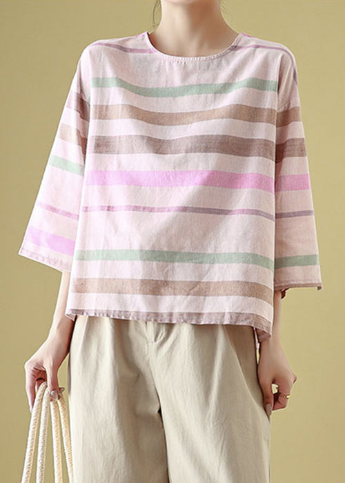 Linen Loose T Striped Cozy Neck Shirt Sleeve Bracelet O
