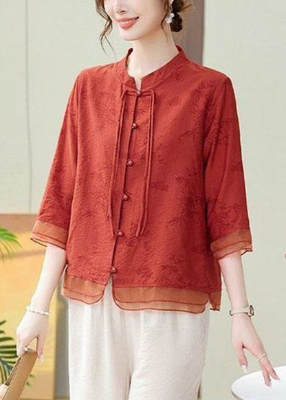 Loose Orange Button Print Cotton Shirt Bracelet Sleeve AU1070