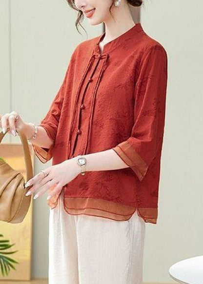 Loose Orange Button Print Cotton Shirt Bracelet Sleeve AU1070