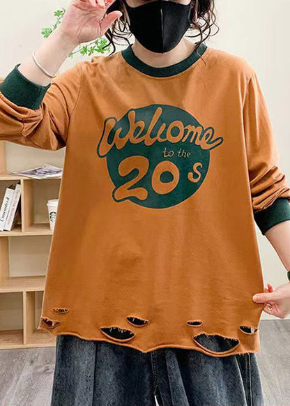 Loose Orange O Neck Print Cotton T Shirt Fall AU1036