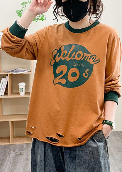 Loose Orange O Neck Print Cotton T Shirt Fall AU1036