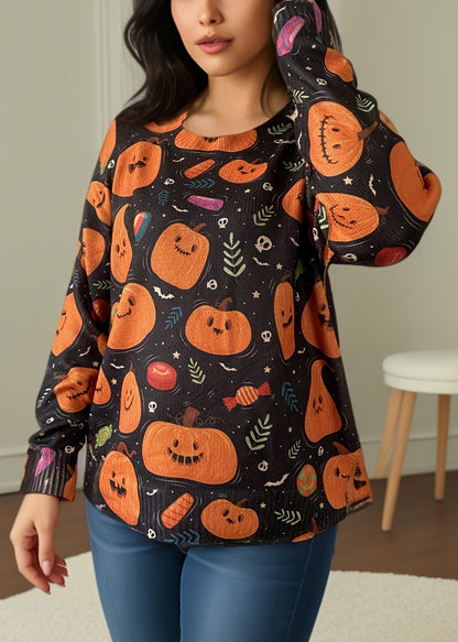 Loose Orange O Neck Print Knitting Cotton Top Long Sleeve AE1015