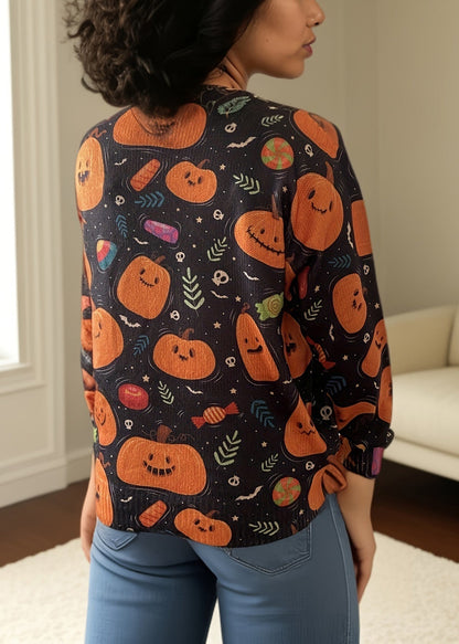 Loose Orange O Neck Print Knitting Cotton Top Long Sleeve AE1015