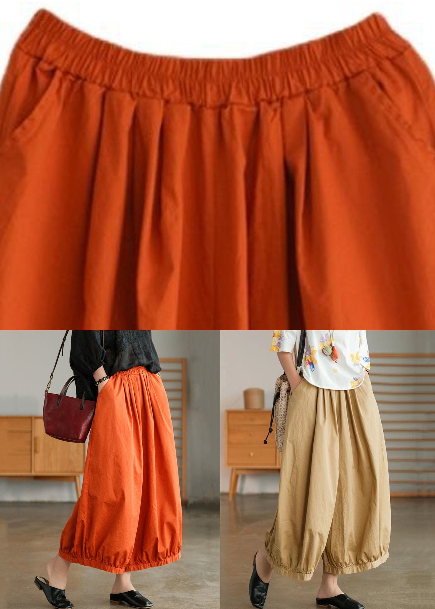 Lose Orange Taschen Elastische Taille Baumwolle Crop Pants Sommer VV051