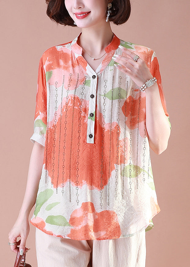 Loose Orange Print Button Cotton T Shirt Summer OP1085