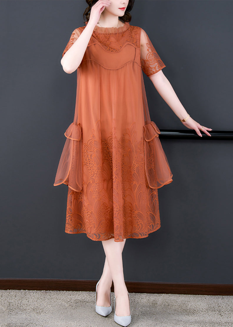 Robe ample en tulle brodé à volants orange pour l'été OP1022