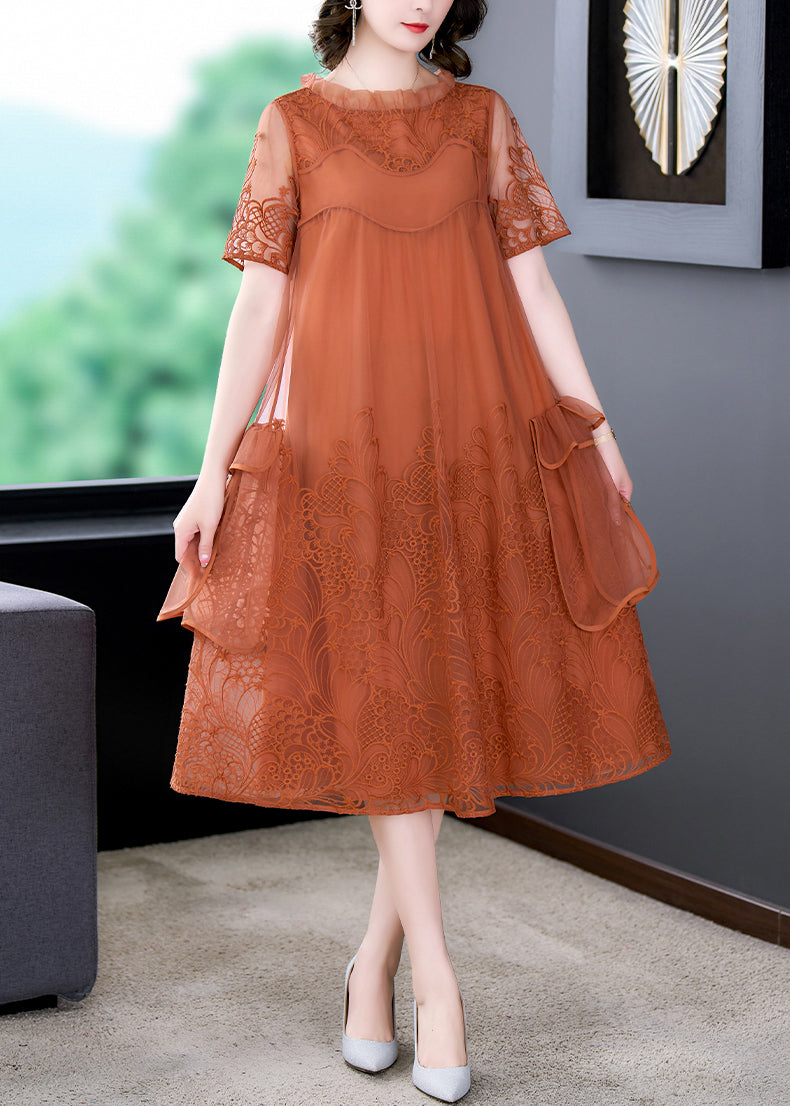 Robe ample en tulle brodé à volants orange pour l'été OP1022