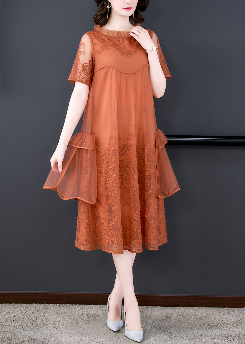 Robe ample en tulle brodé à volants orange pour l'été OP1022