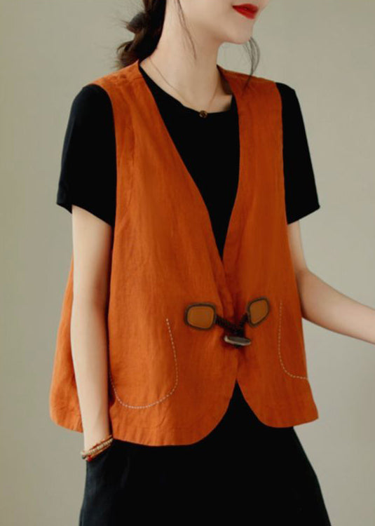 Gilet en lin à boutons, col ample en V, orange, sans manches