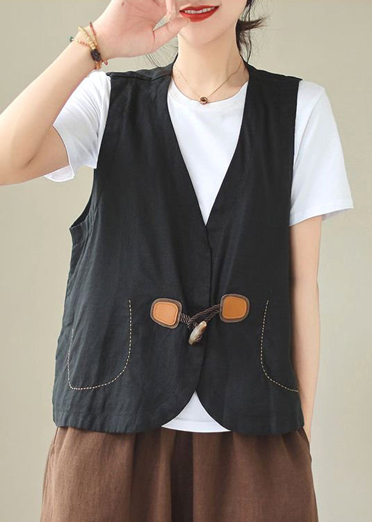 Gilet en lin à boutons, col ample en V, orange, sans manches