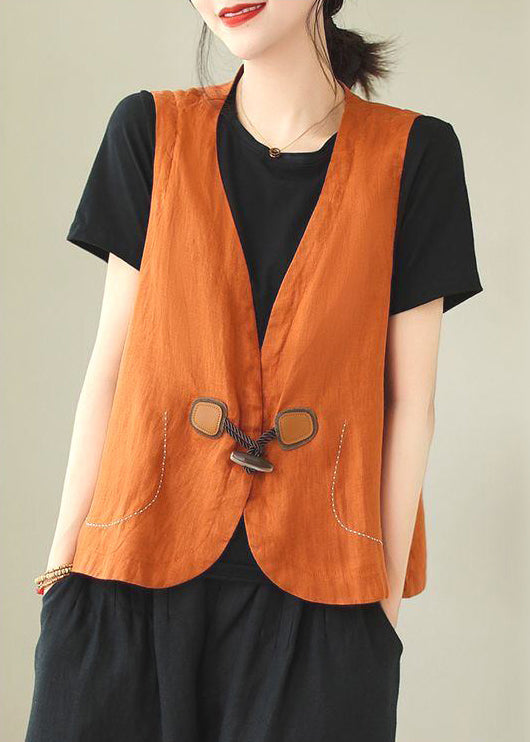 Gilet en lin à boutons, col ample en V, orange, sans manches