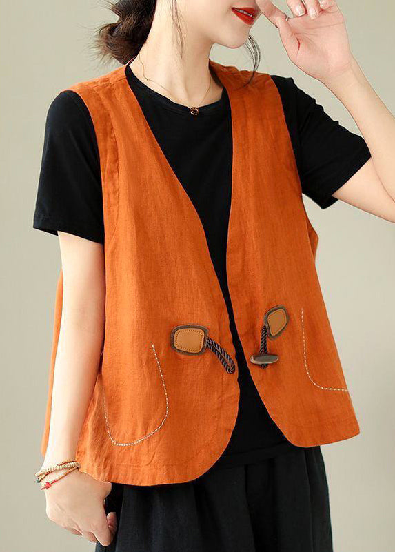Gilet en lin à boutons, col ample en V, orange, sans manches