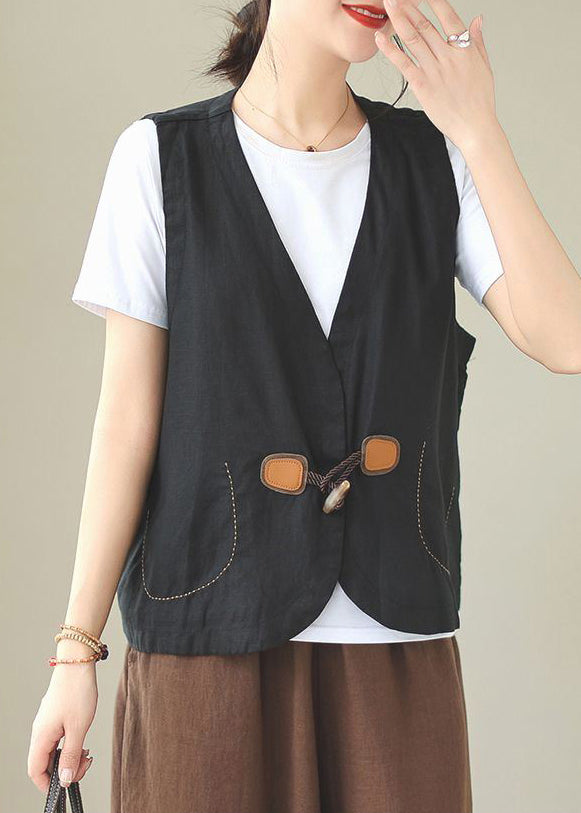 Gilet en lin à boutons, col ample en V, orange, sans manches