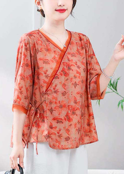 Loose Orange V Neck Print Linen Shirt Half Sleeve RE050