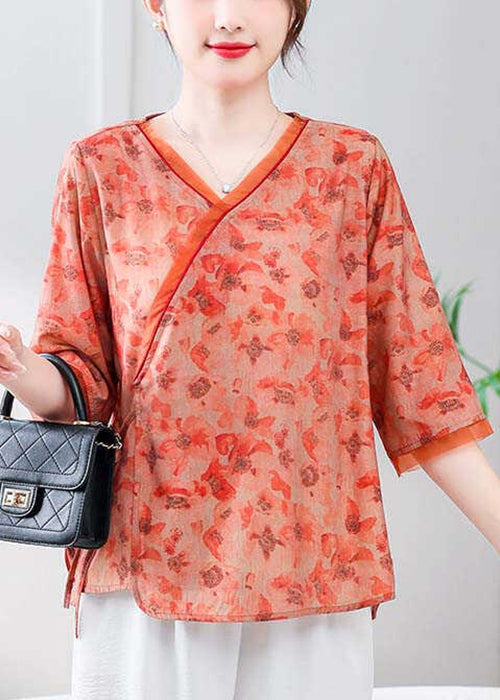 Loose Orange V Neck Print Linen Shirt Half Sleeve RE050