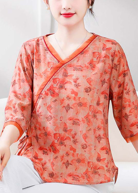 Loose Orange V Neck Print Linen Shirt Half Sleeve RE050