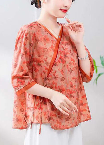 Loose Orange V Neck Print Linen Shirt Half Sleeve RE050