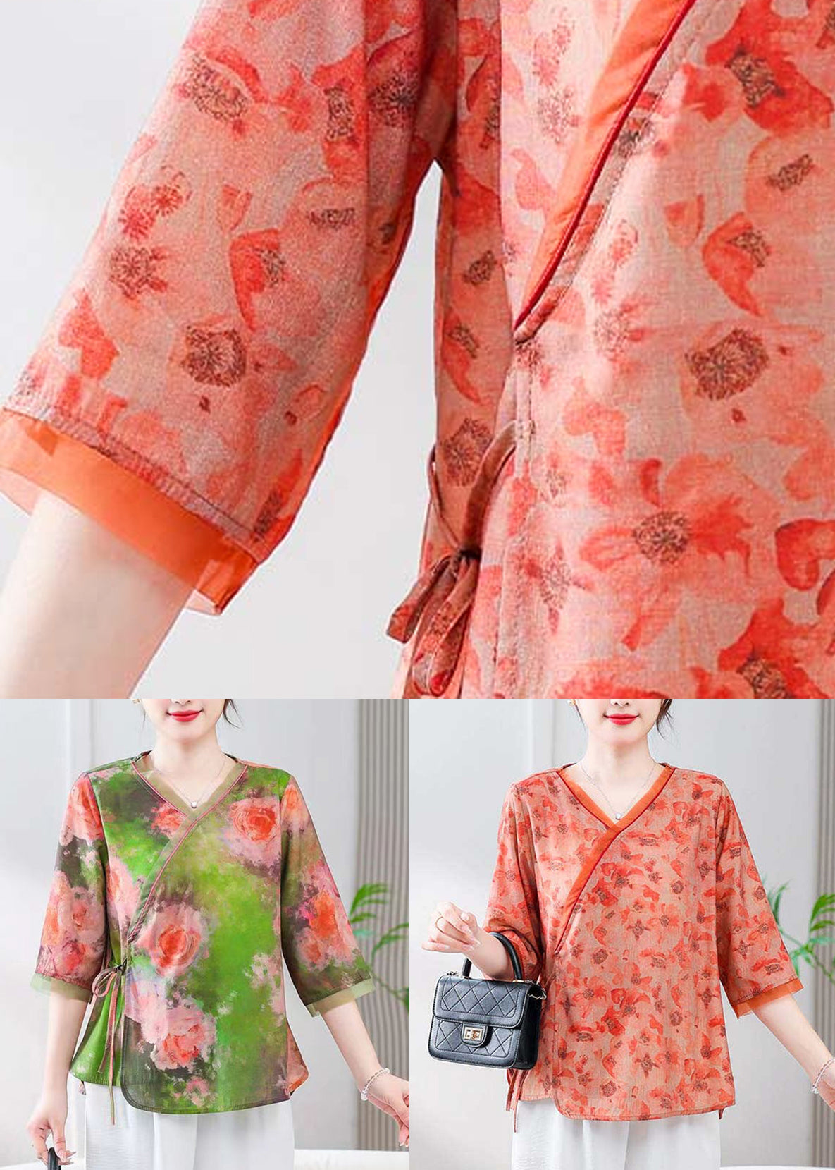 Loose Orange V Neck Print Linen Shirt Half Sleeve RE050