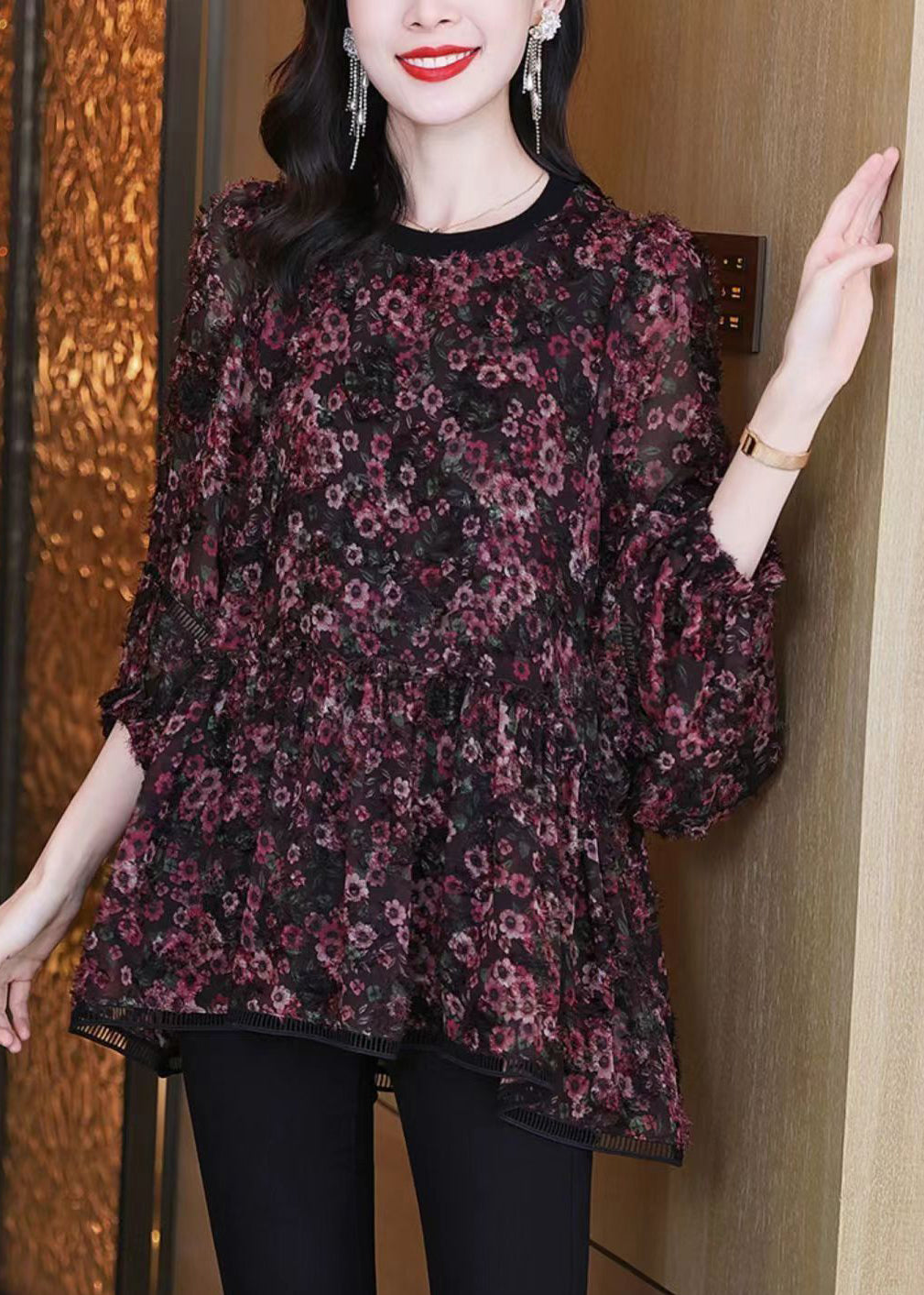 Loose Photo Color O Neck Print Chiffon Shirt Spring Ada Fashion