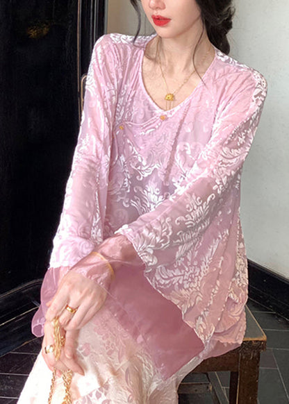 Loose Pink Button Lace Up Silk Velour Shirts Fall WY027