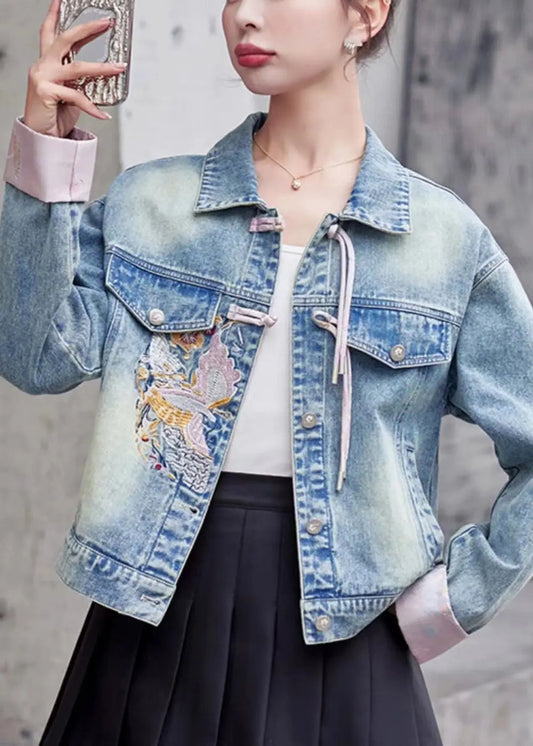 Loose Pink Embroidered Button Denim Coat Long Sleeve Ada Fashion