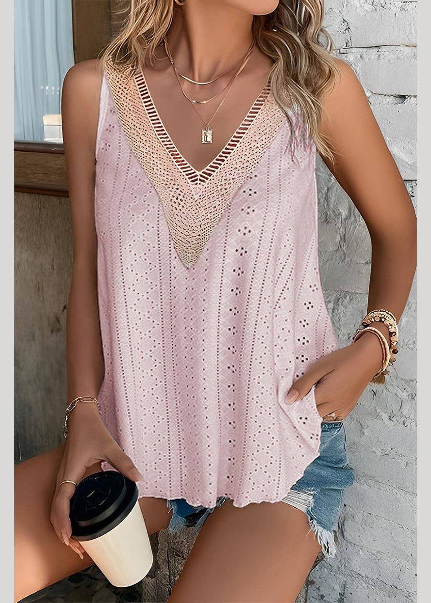 Sleeveless Hollow Out Pink Tank Loose Thin