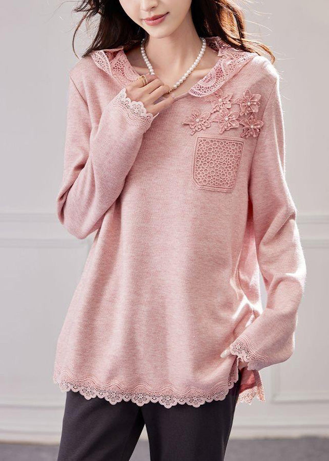 Hooded Knit Patchwork Shirt Tops Loose Pink Lace Spring