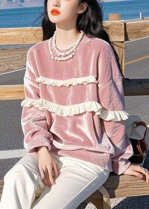 Loose Pink O-Neck Ruffled Silk Velour T Shirts Winter WK020