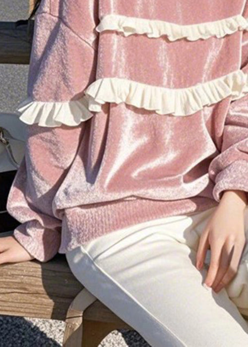 Loose Pink O-Neck Ruffled Silk Velour T Shirts Winter WK020