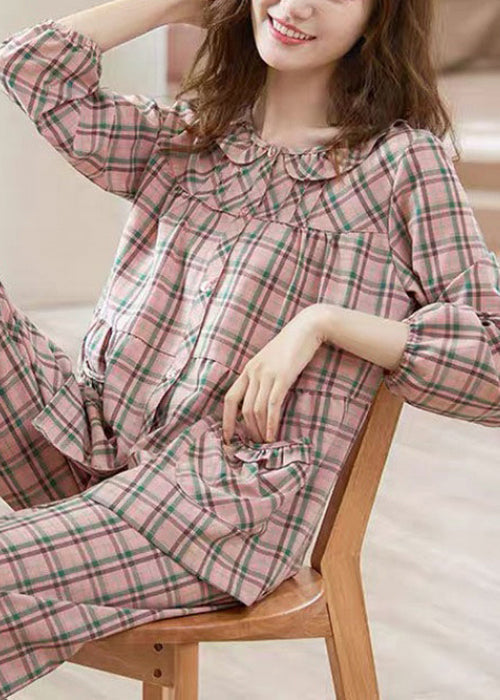 Pink Pajamas Pockets And Loose Pants Plaid Two Shirts Cotton