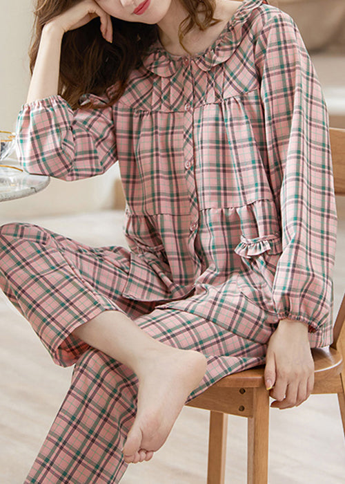 Pink Pajamas Pockets And Loose Pants Plaid Two Shirts Cotton