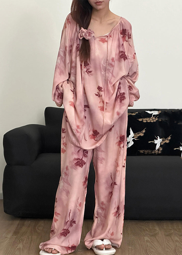 Up Loose Print Pajamas Piece Fall Cotton Pink Lace Set Two