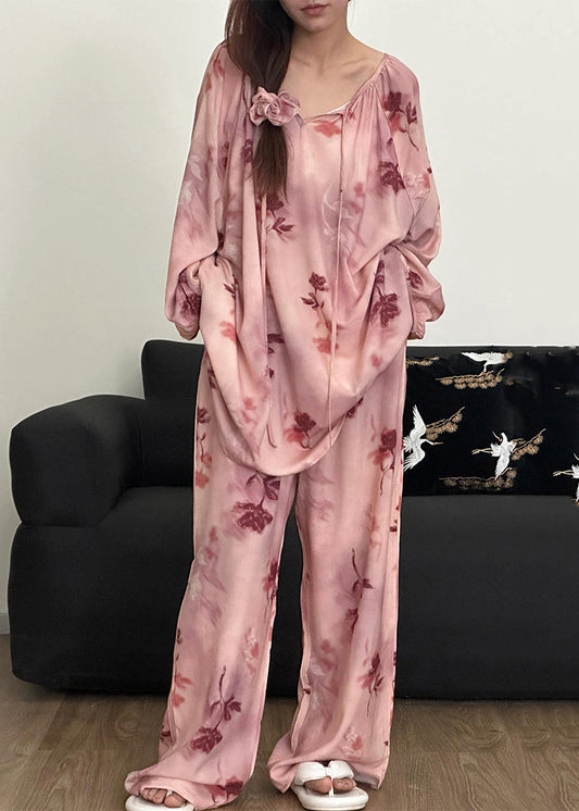 Up Loose Print Pajamas Piece Fall Cotton Pink Lace Set Two