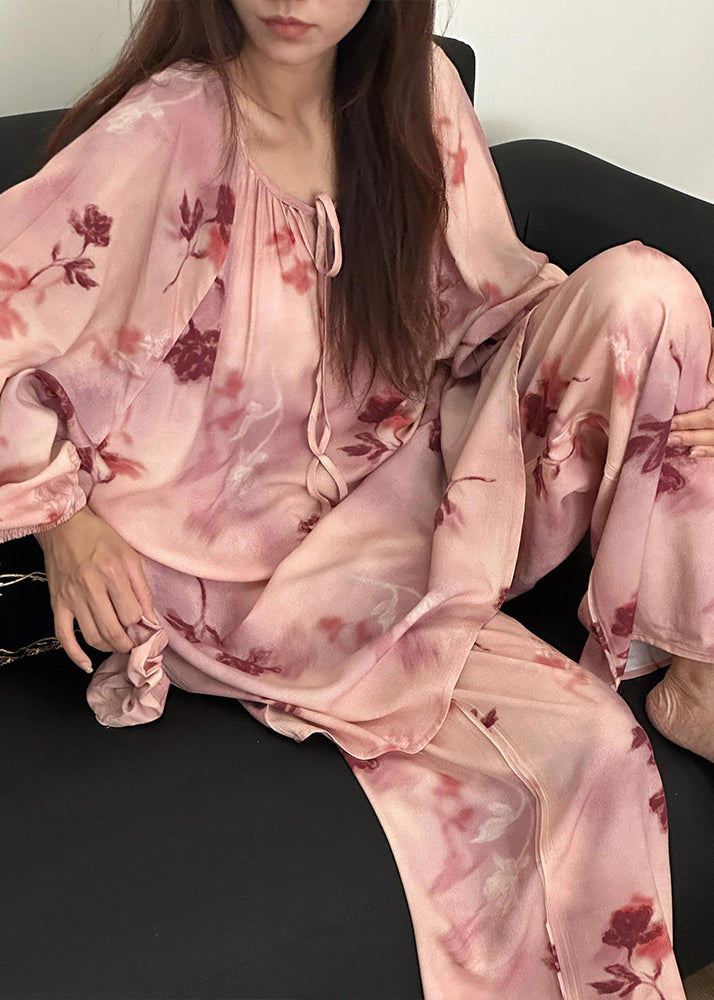 Up Loose Print Pajamas Piece Fall Cotton Pink Lace Set Two