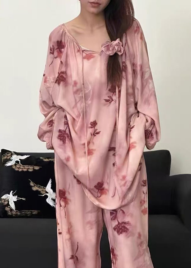 Up Loose Print Pajamas Piece Fall Cotton Pink Lace Set Two