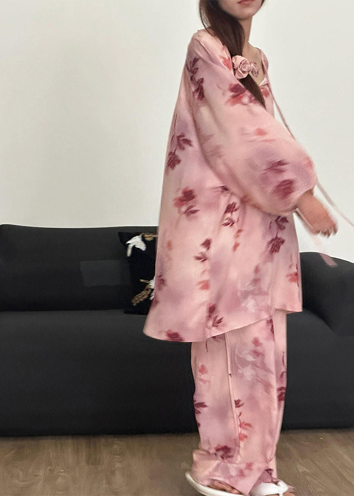 Up Loose Print Pajamas Piece Fall Cotton Pink Lace Set Two