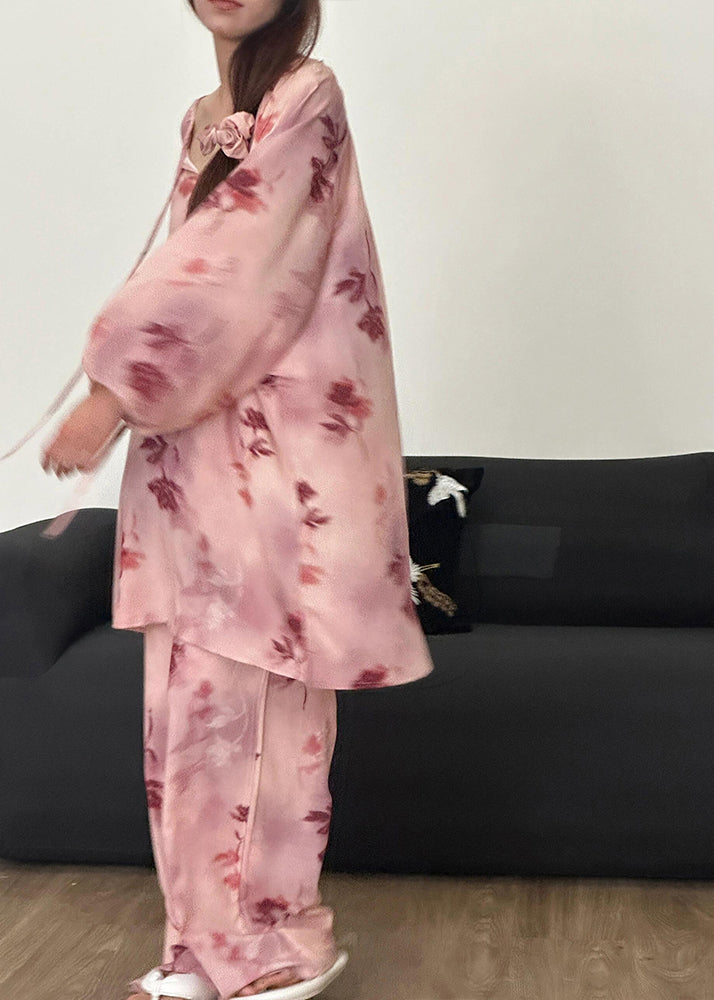 Up Loose Print Pajamas Piece Fall Cotton Pink Lace Set Two
