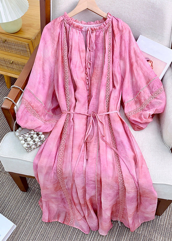 Loose Lace Lantern Pink Ruffled Dress Long Sleeve Cotton Up