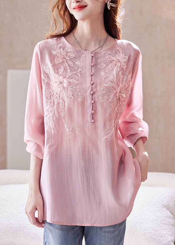 Top Lange Rosa Ärmel Perle Nagel Shirt Pailletten Chiffon Lose