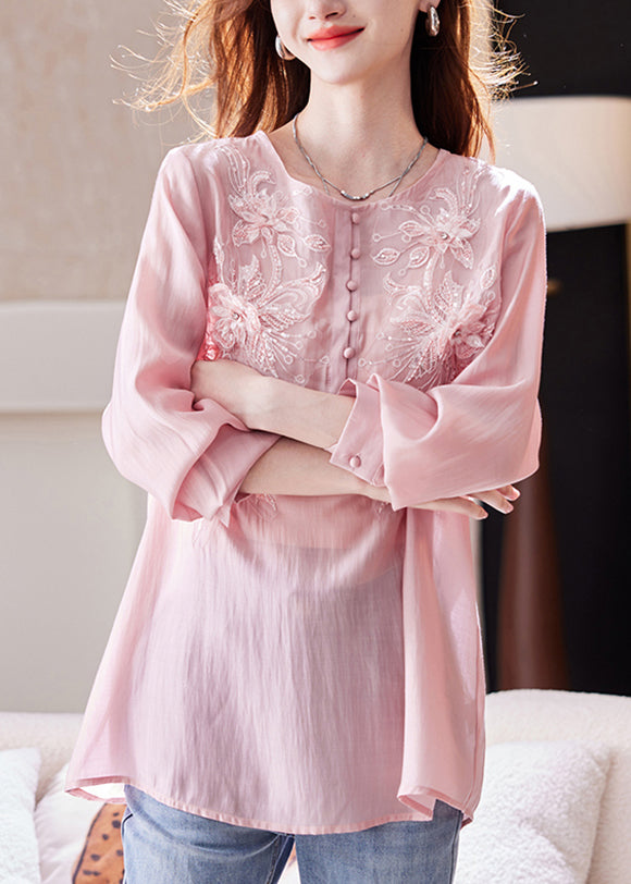 Top Lange Rosa Ärmel Perle Nagel Shirt Pailletten Chiffon Lose