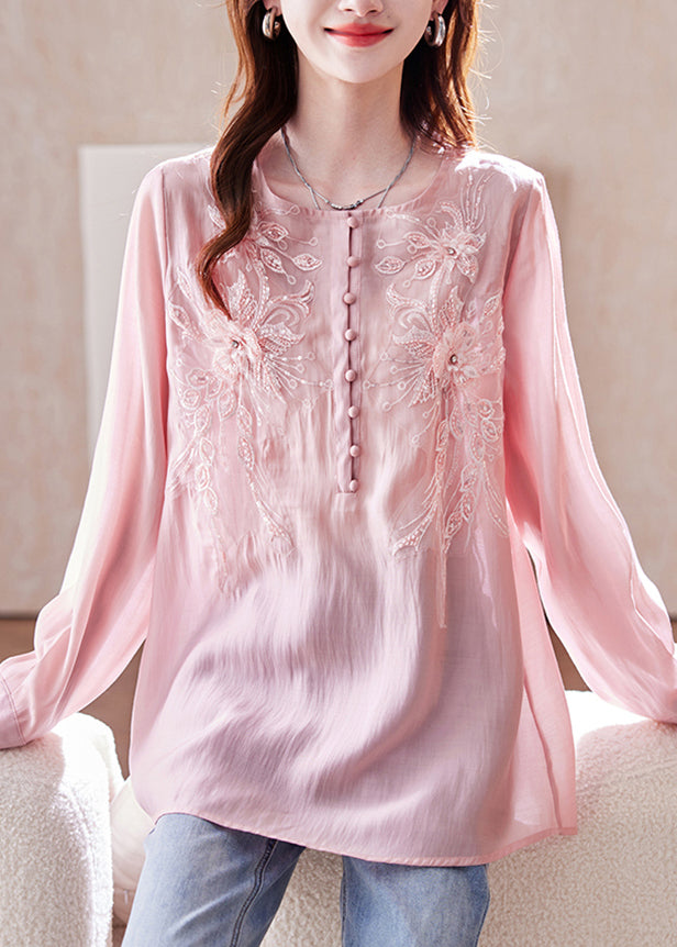 Top Lange Rosa Ärmel Perle Nagel Shirt Pailletten Chiffon Lose