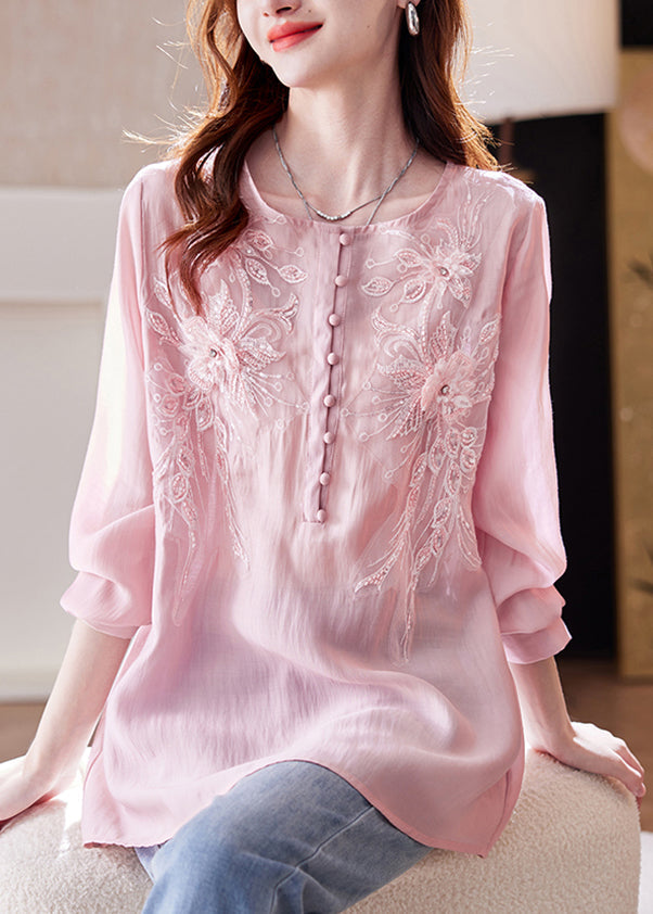 Top Lange Rosa Ärmel Perle Nagel Shirt Pailletten Chiffon Lose