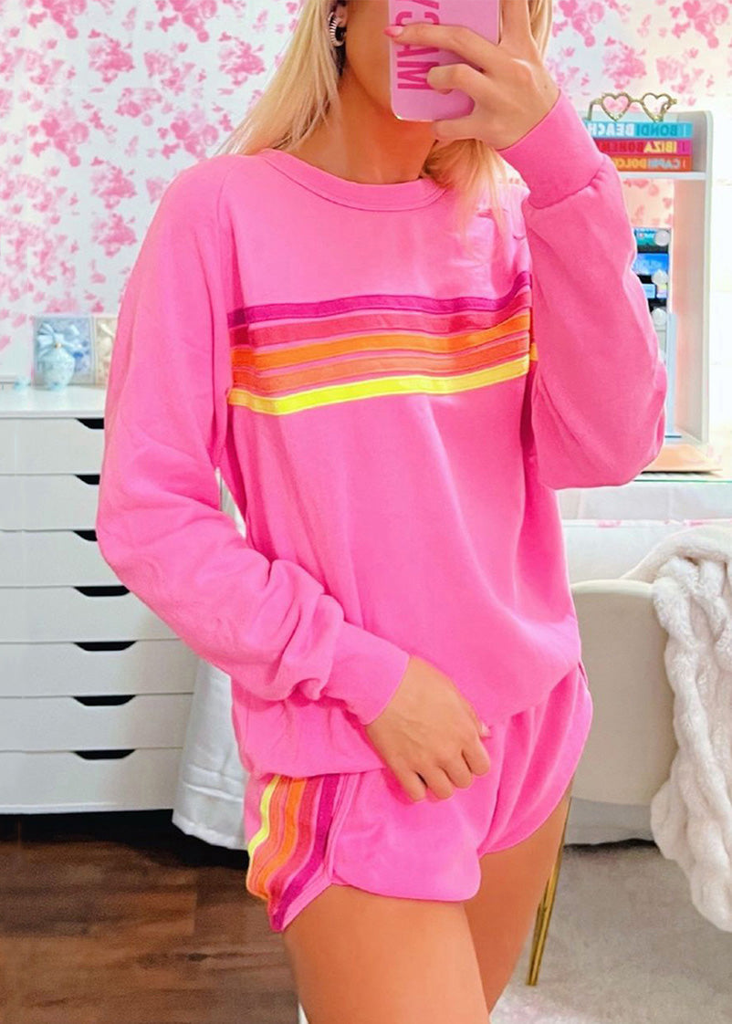 Shirt Shorts Two Set Pieces And Cotton Pink Loose T Striped