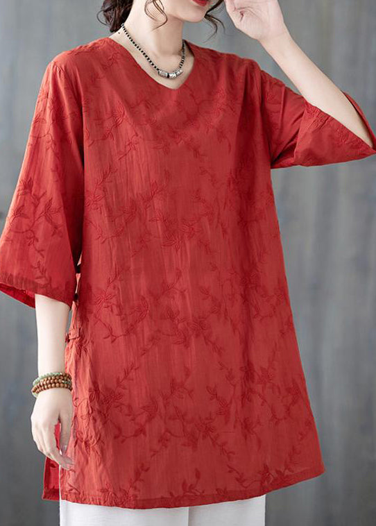 Neck V Bracelet Pink Sleeve Cotton Loose Top Embroidered