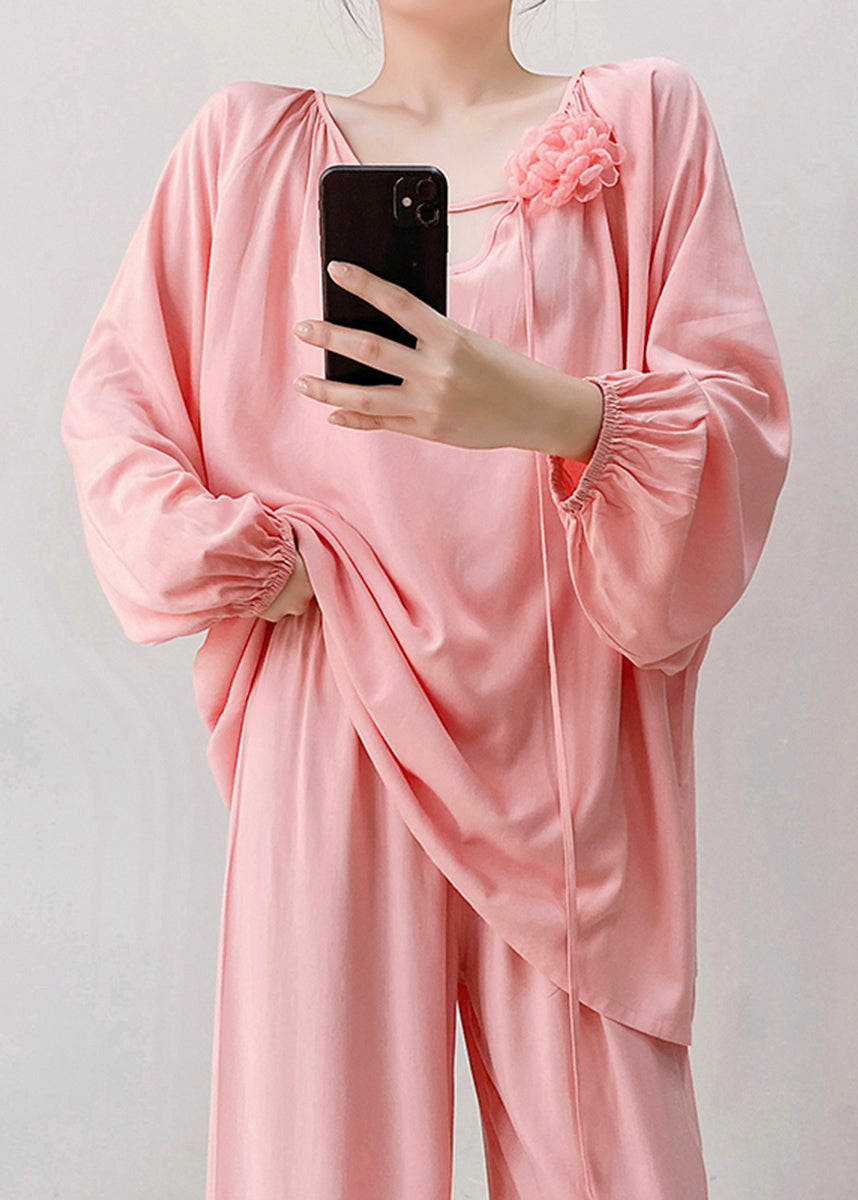 Set V Pink Fall Cotton Piece Pajamas Loose Floral Two Neck