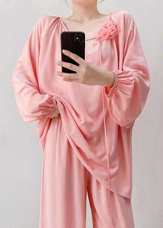 Set V Pink Fall Cotton Piece Pajamas Loose Floral Two Neck